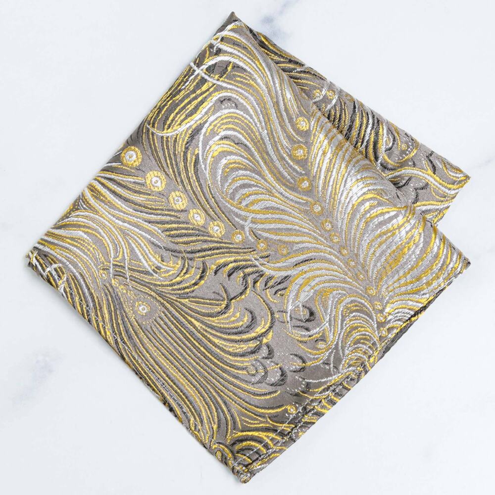 Peacock Pattern Pocket Square | Gray/Gold